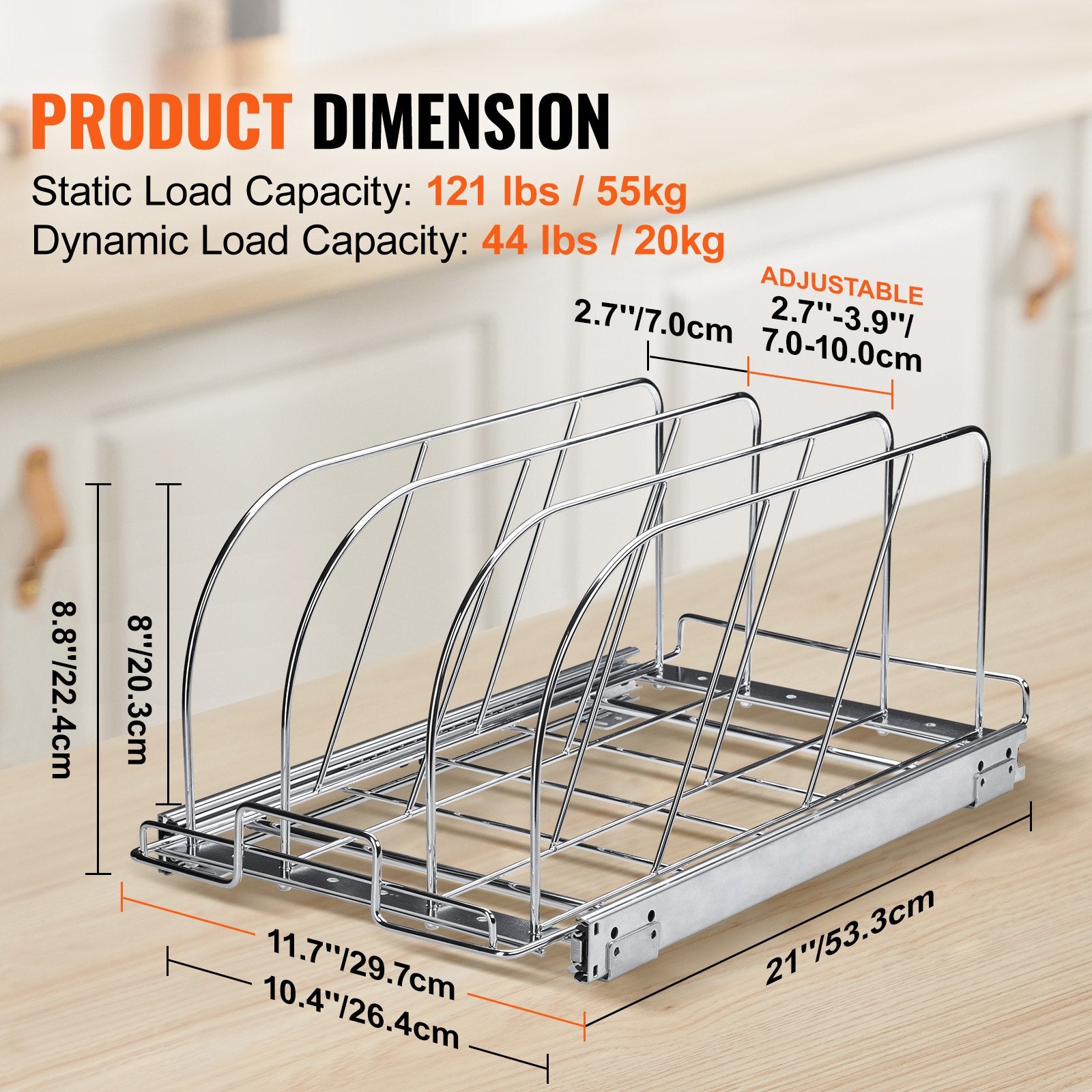 Pan And Pot Rack, Expandable Pull Out Under Cabinet Organizer, Cookie Sheet Baking Pans Tray Organization, Adjustable Wire Dividers, Steel Lid Holder For Kitchen Cabinet & Pantry Storage, 11.7"W