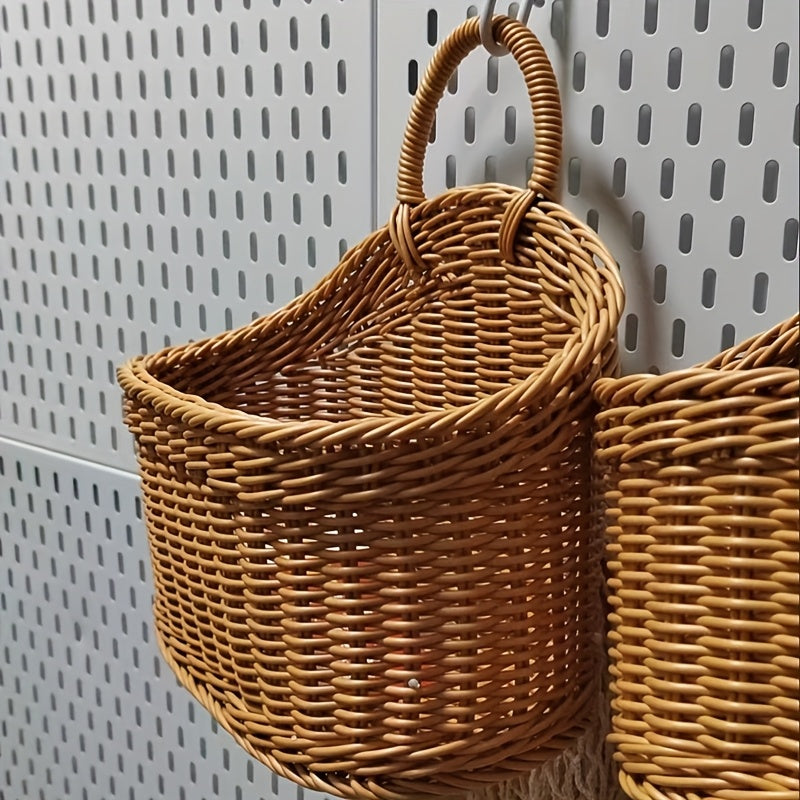 3-Piece Rattan-Style Wall Storage Baskets - Plastic Woven Hanging Baskets, Suitable For Kitchen, Home Decor, Multi-Purpose Wall Hanging Storage Containers, Storage Bins, Kitchen Organization