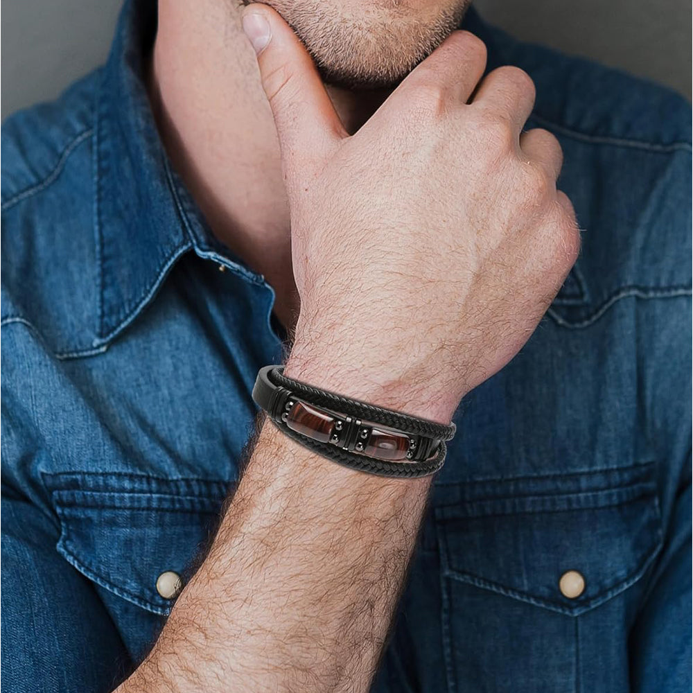 Natural Tiger Eye Stone Bracelet Healing Tiger Eye Quartz Leather Braided Gift