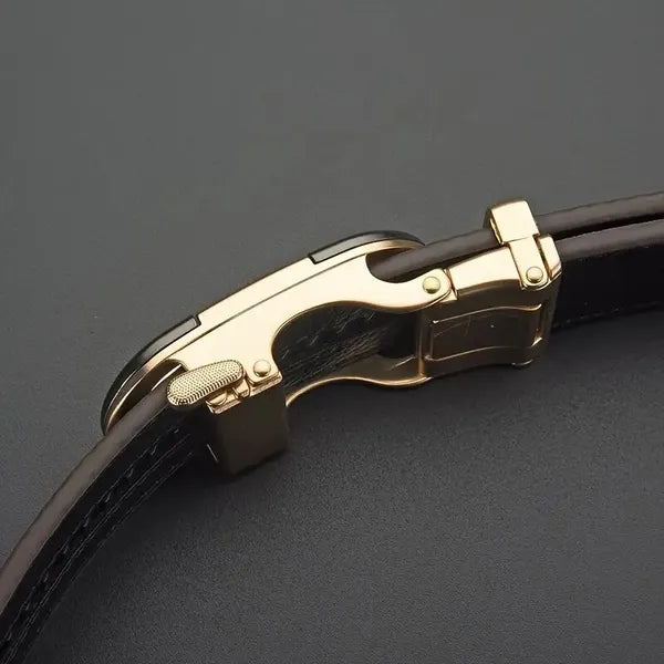Men's Belt Hollow Alloy Automatic Buckle Printed Men's Belt Versatile High-end Belt Fashion Belt Strong And Durable Men's Belt, Men's Fashion Ratchet Belt, Adjustable Size