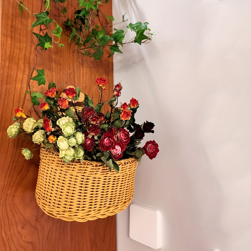3-Piece Rattan-Style Wall Storage Baskets - Plastic Woven Hanging Baskets, Suitable For Kitchen, Home Decor, Multi-Purpose Wall Hanging Storage Containers, Storage Bins, Kitchen Organization
