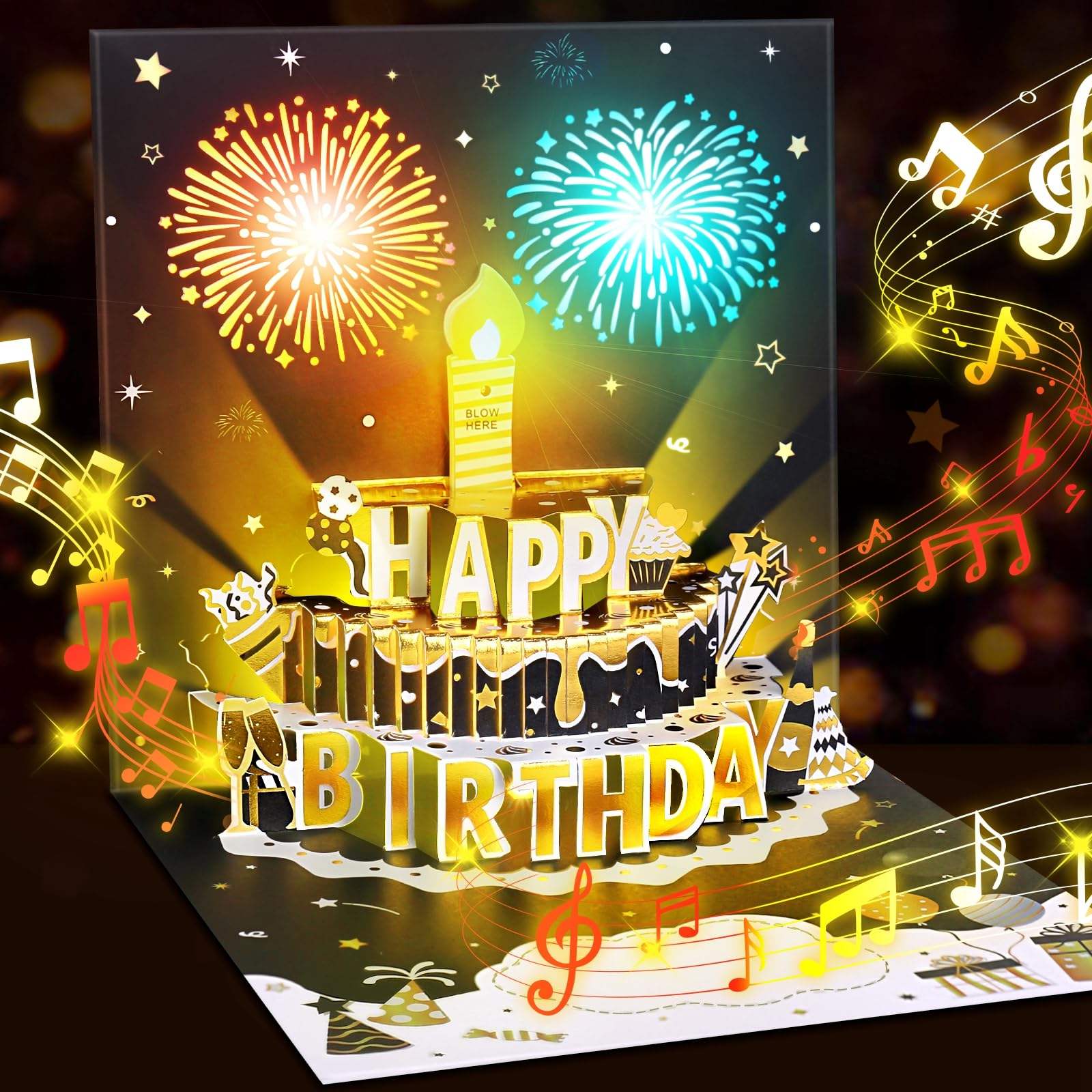 Light Music  Up Card Gift Cake Happy Birthday Card With Envelope