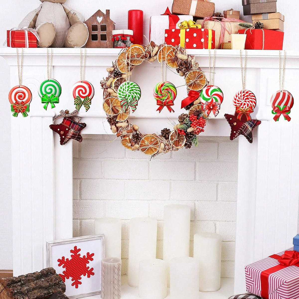 24 Pieces Peppermint Christmas Tree Ornaments Colorful Peppermint Wood Decorations Green Red Lollipop Shaped Christmas Hanging Ornaments For New Year Holiday Xmas Theme Birthday Party Decor