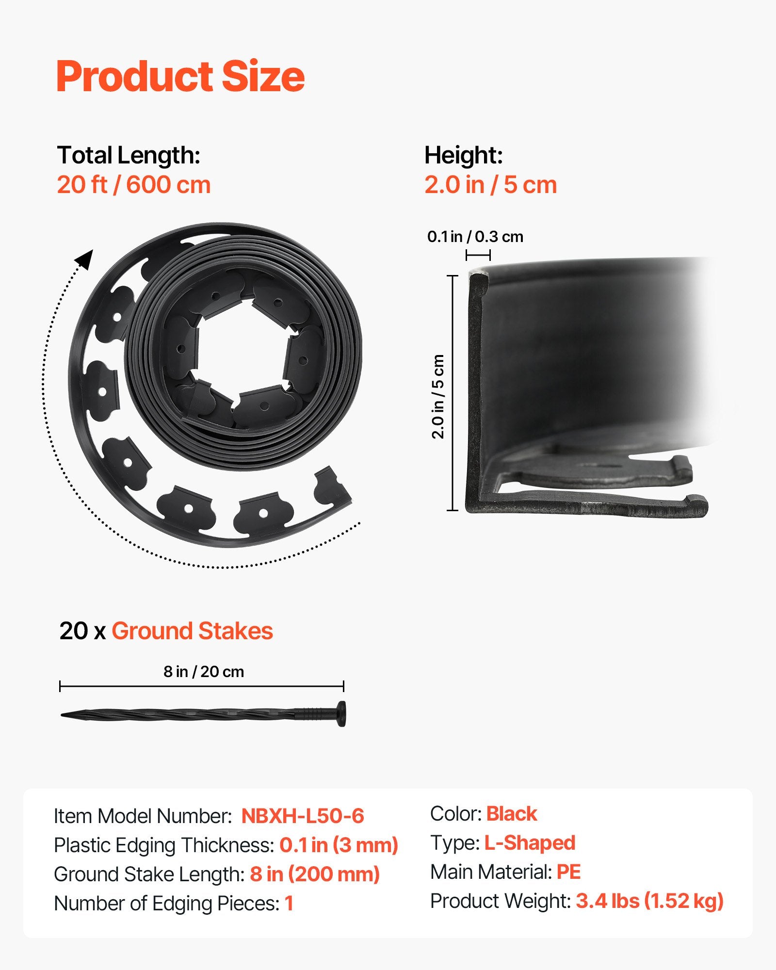 Landscape Edging 20ft X 2in L-Shaped Durable Plastic Garden Border No Dig