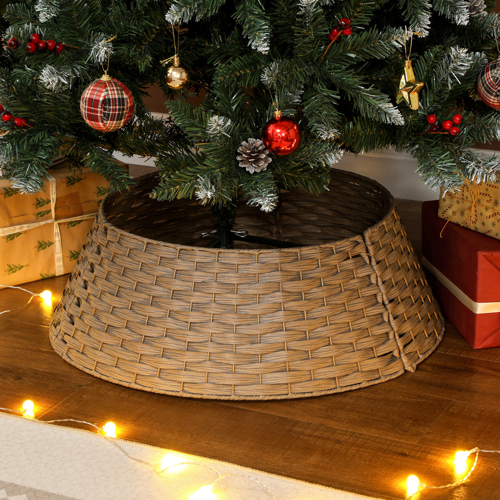 27 inch Rustic Christmas Tree Skirt, Plastic Woven Christmas Tree Collar for Party, Holiday, Home Decoration, Coffee