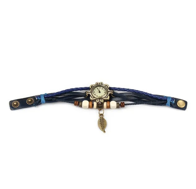 Beautiful Bohemian Style Retro Handmade Leather Tree Leaf Women's Watches Blue