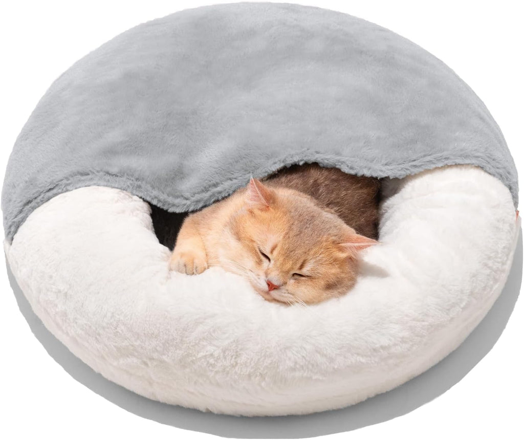 MEWOOFUN Enclosed Cat Bed Cave - Washable Pet Bed With Blanket & Non-Slip Base For Cats & Small Dogs 22'' X 22'', White