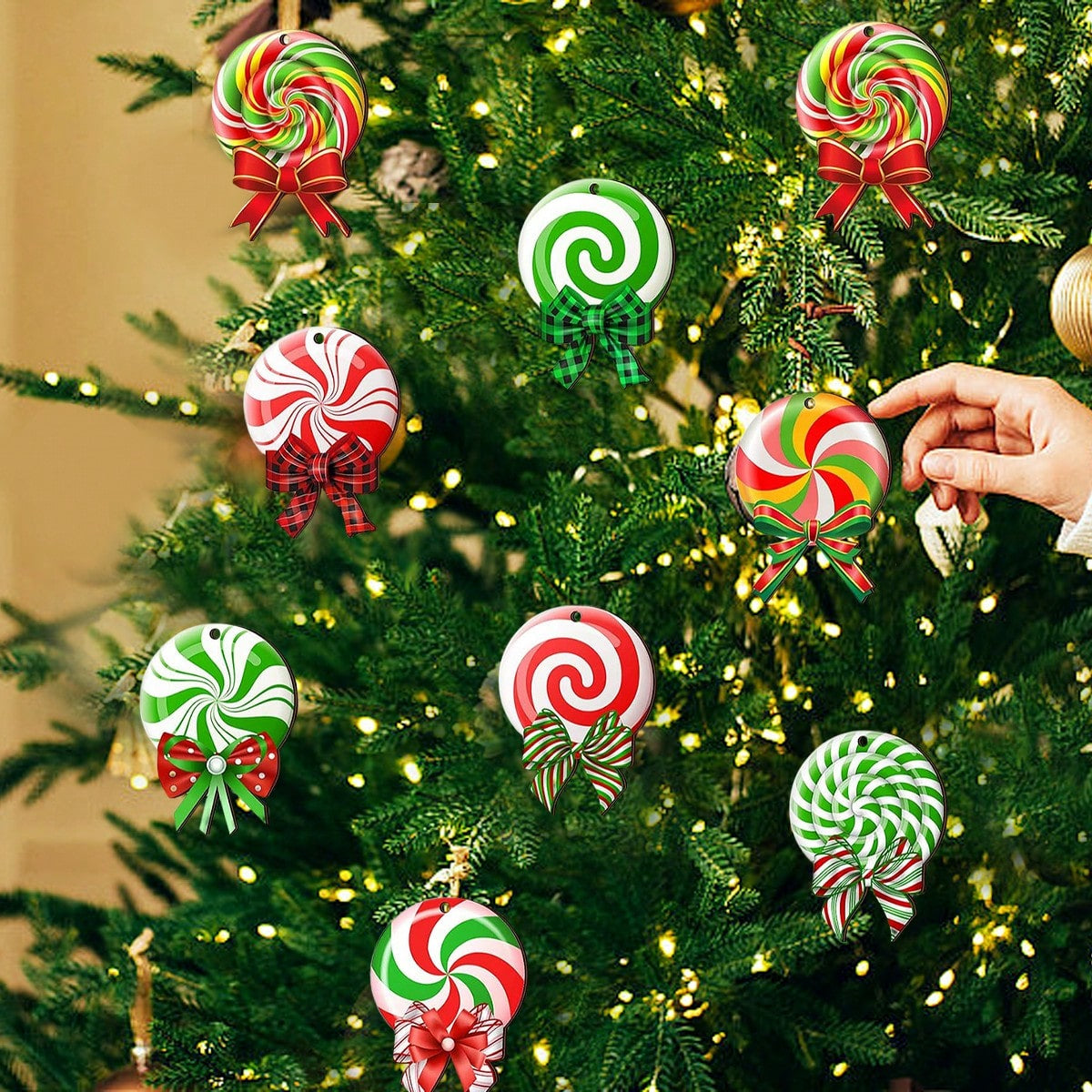 24 Pieces Peppermint Christmas Tree Ornaments Colorful Peppermint Wood Decorations Green Red Lollipop Shaped Christmas Hanging Ornaments For New Year Holiday Xmas Theme Birthday Party Decor