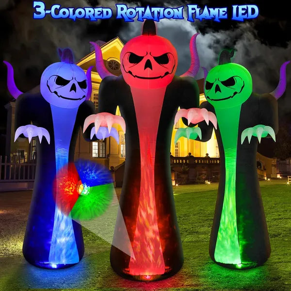 12FT Halloween Inflatables Decoration Outdoor Giant Pumpkin Reaper Ghost With 3-Colored Rotation Flame LEDs Spooky Halloween Blow Up Yard Decorations Outdoor Holiday Party Yard Lawn Decor