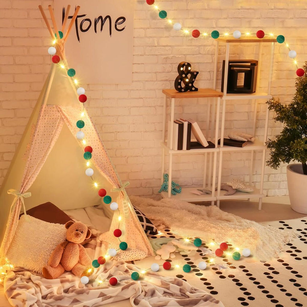 9.84 Ft Felt Ball Garland With Warm Light String Christmas Pom Pom Garland Red Green White 1 Inch Pompoms DIY Unique Hanging Bunting Banner For Xmas Tree Fireplace Wall Home Decor