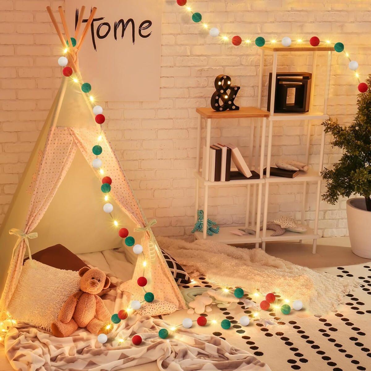 9.84 Ft Felt Ball Garland With Warm Light String Christmas Pom Pom Garland Red Green White 1 Inch Pompoms DIY Unique Hanging Bunting Banner For Xmas Tree Fireplace Wall Home Decor